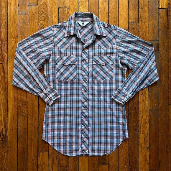Vintage Chute #1‎ Men Grey Blue Red Plaid Pearl Snap Western Roper Button Shirt - Picture 1 of 5